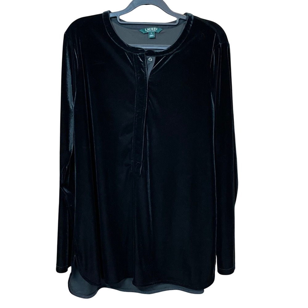 Lauren Ralph Lauren Black Velvet Long Sleeve Henley Blouse Womens XL